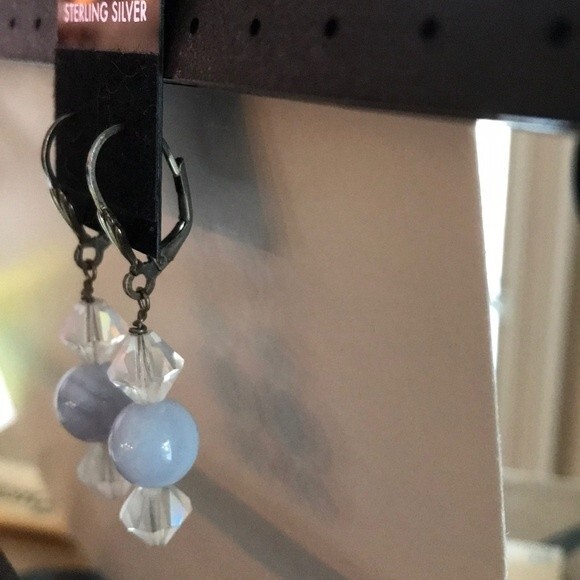 Vintage Handmade Blue Lace Agate Sterling Silver Swarovski Crystal Drop Earrings - Picture 3 of 4